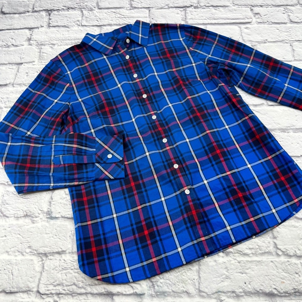 Talbots Petite Blue Red White Plaid Button Down Blouse Long Sleeve Size SP